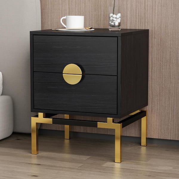 FUFU&GAGA Black 2-Drawers 17.8 in. Width Wooden Nightstand, End Table with Golden Legs, 23 in. H