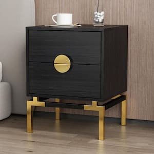 Black 2-Drawers 17.8 in. Width Wooden Nightstand, End Table with Golden Legs, 23 in. H