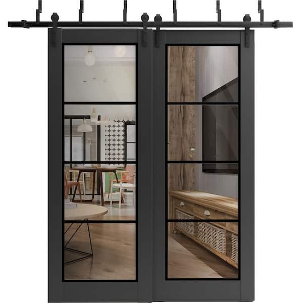 64 in. x 84 in. 2 Panel Clear Glass Black Matte Solid Wood Sliding Barn Door with Hardware Kit