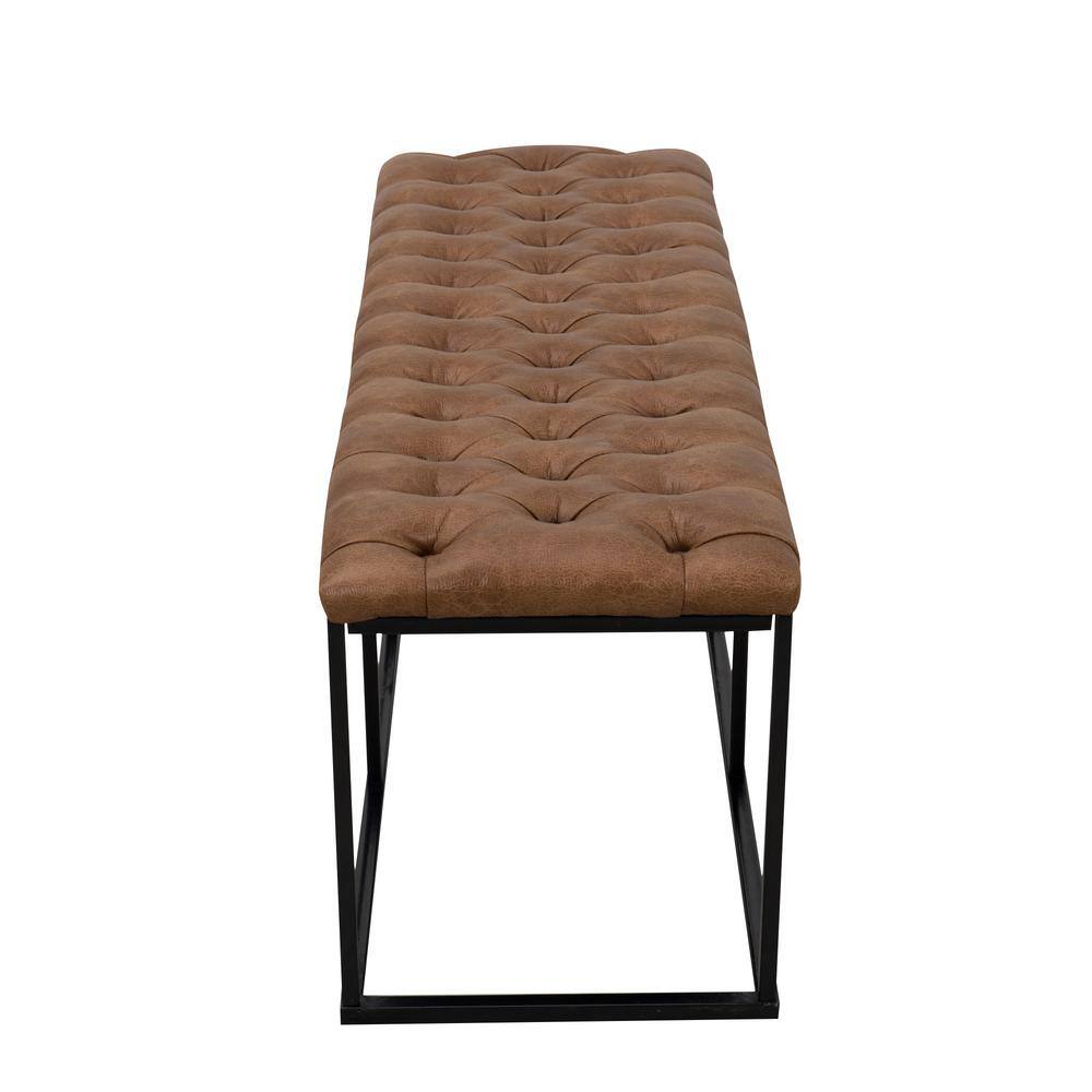 Draper 53'' Faux Brown Leather Tufted Bench with Metal Base
