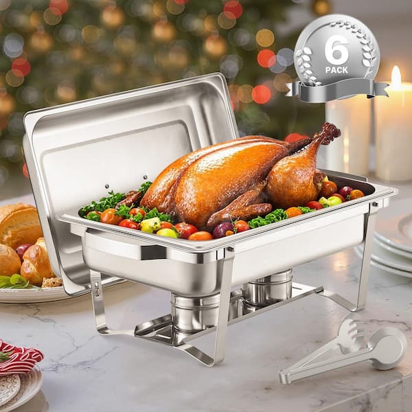 6-Pack Chafing Dish Buffet Set 8 Qt. Silver Stainless Steel Chafing Dishes with Full Size Pans