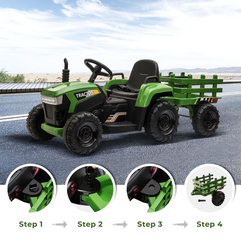 12V Green Ride-On Tractor with Trailer and LED Lights