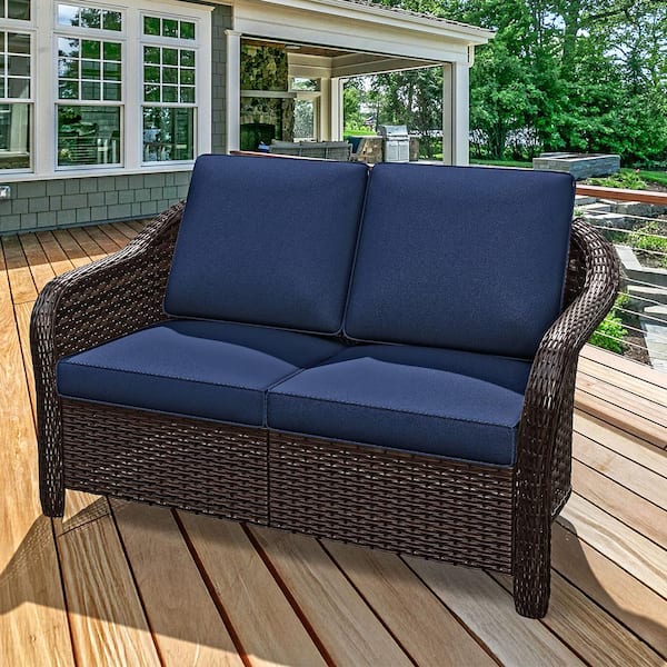 JOYSIDE Brown Wicker Outdoor Loveseat Patio Sofa Deep Seating with Blue Cushion