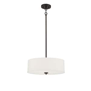 18 in. W x 6.5 in. H 3-Light Oil Rubbed Bronze Shaded Pendant Light with White Fabric Drum Shade