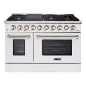 48in. 8 Burners Freestanding Gas Range in White/Stainless Steel Convection Fan Cast Iron Grates and Black Enamel Top