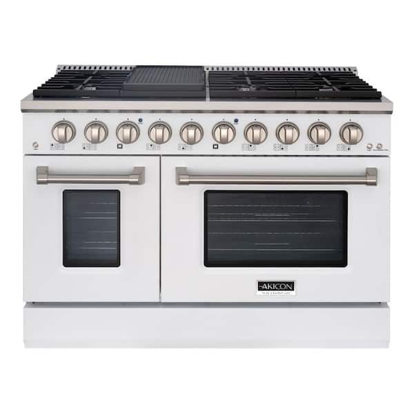 Akicon 48in. 8 Burners Freestanding Gas Range in White/Stainless Steel Convection Fan Cast Iron Grates and Black Enamel Top