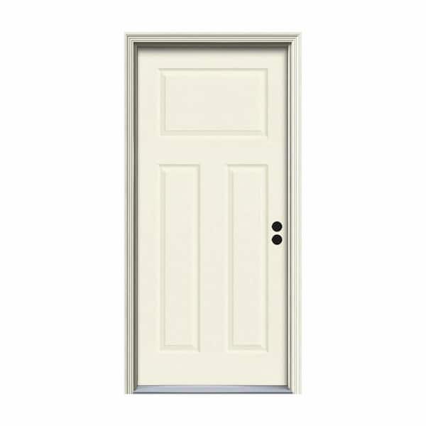 JELD-WEN 32 in. x 80 in. 3-Panel Craftsman Vanilla Painted Steel Prehung Left-Hand Inswing Front Door w/Brickmould