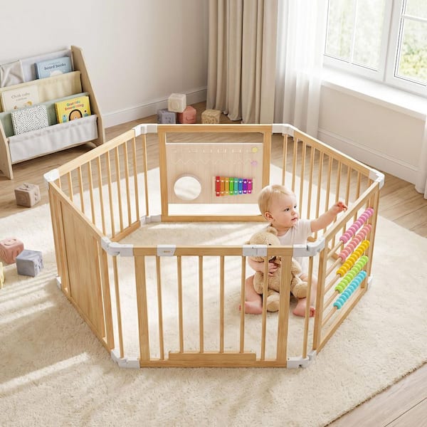 6-Panel Foldable Wooden Baby Playpen Activity Center Play Yard for Toddler 24 in. H Fence Play Area Custom Wood Gate
