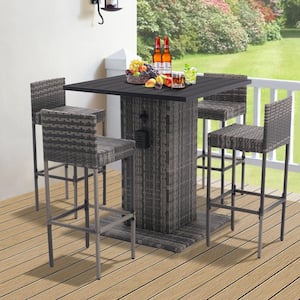 5 Piece PE Rattan Outdoor Bistro Patio Furniture Conversation Bar Set with Steel Frame Metal Tabletop and Stools Gray