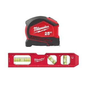 Compact Auto Lock 25 ft. SAE Tape Measure with Fractional Scale and 9 ft. Standout with 7 in. Billet Torpedo Level