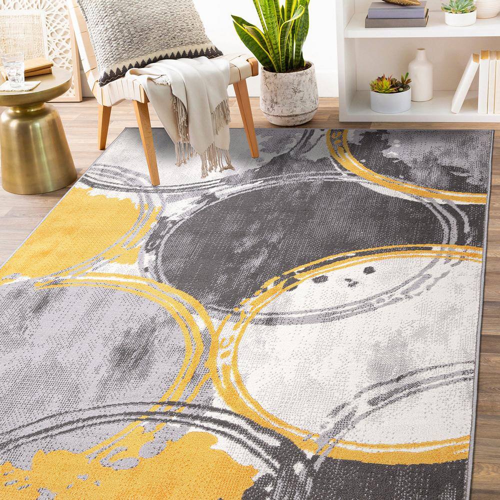 Yellow and Gray Geometric Circles 5' x 7' Synthetic Area Rug