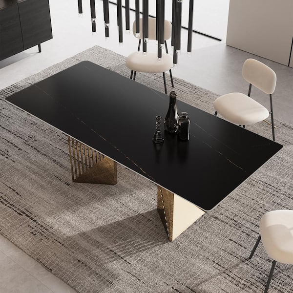 Lesly Modern Rectangle Black Lauren Black Gold Stone Top 55.12 in. Stainless Steel Double Pedestal Dining Table (4 Seats)