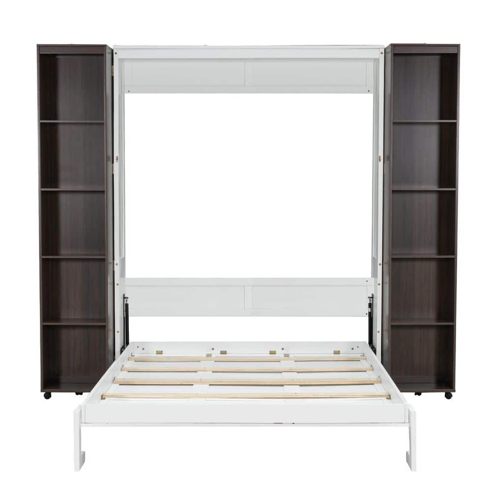 White Wood Frame Queen Murphy Bed Wall Bed with Push-Pull Foldable Storage Cabinets - thumbnail 6