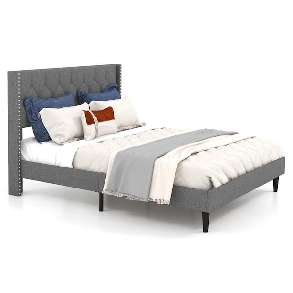ANGELES HOME Gray Wood Frame Queen Size Upholstered Platform Bed with Square Stitched Headboard