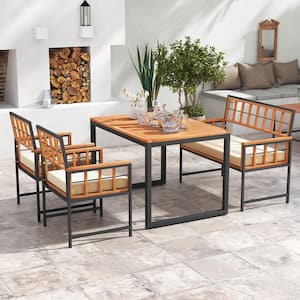 4-Piece Acacia Wood Outdoor Dining Set with Beige Cushions and Rectangular Table