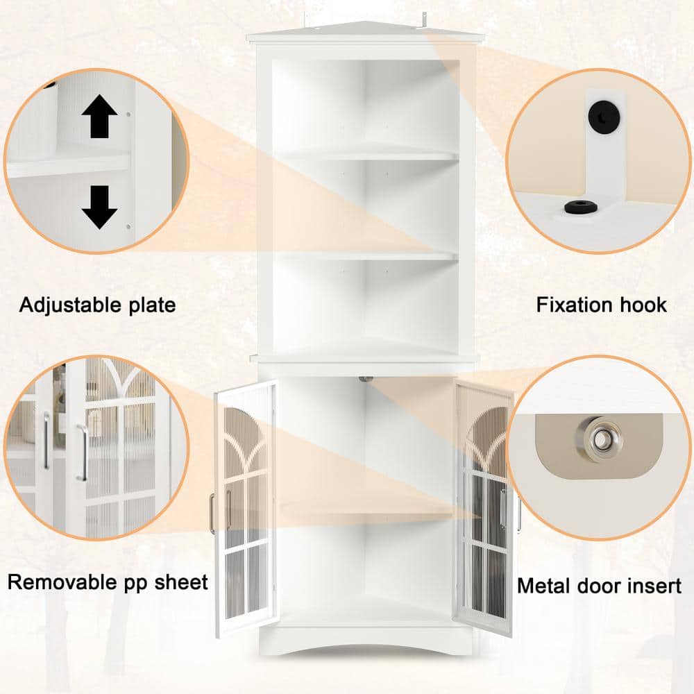 White MDF Corner Accent Cabinet with Adjustable Shelves and Glass Doors