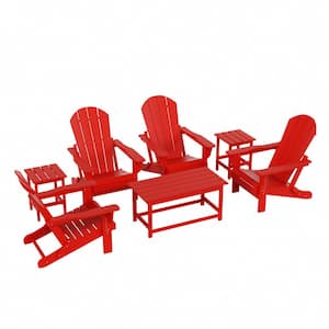 Laguna 7-Piece Fade Resistant Outdoor Patio HDPE Poly Plastic Folding Adirondack Chair Conversation Set in Red