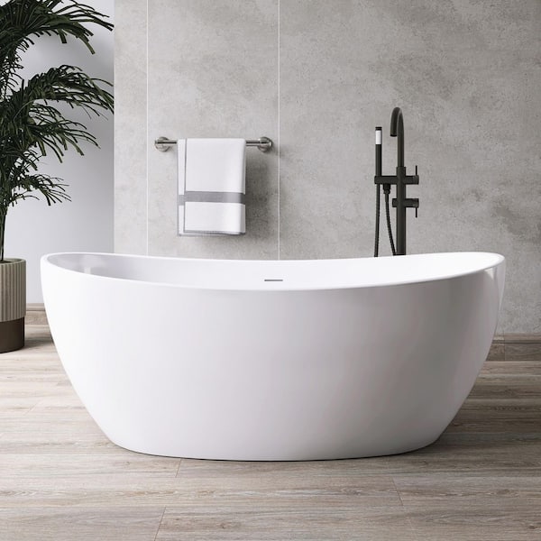 60 in. x 32 in. Acrylic Flatbottom Freestanding Soaking Bathtub in White