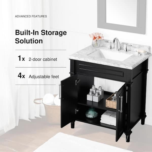 Aberdeen 30 in. Single Sink Freestanding Black Bath Vanity with Carrara Marble Top (Assembled)