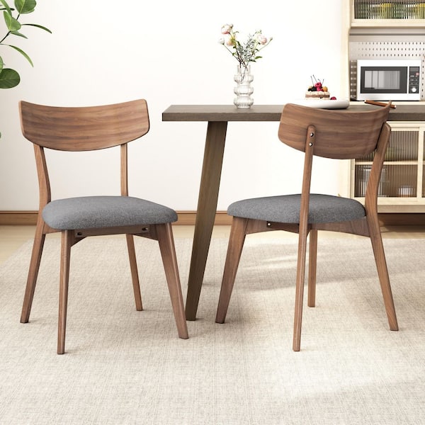 Walnut Finished Dark Gray Fabric Upholstered Dining Chair with Curved Back Set of 2