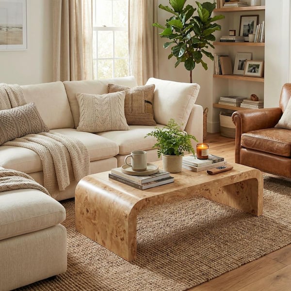 Corvex Modern 53.74 in. Natural Burl Veneer Rectangle MDF Waterfall Coffee Table with Curved Edges