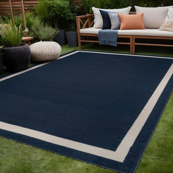 Aura Navy 5x7 ft. Rubber Back Washable Modern Bordered Indoor Outdoor Area Rug