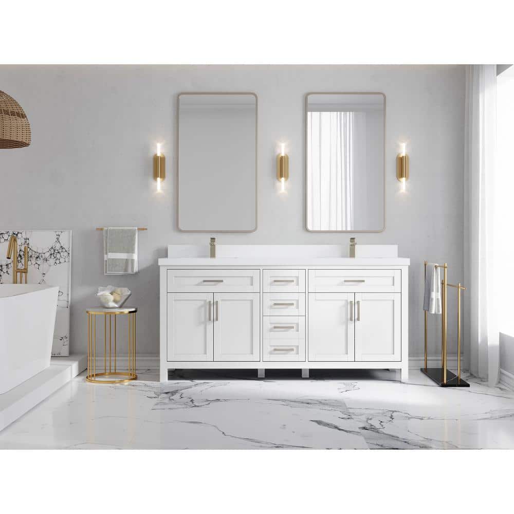 White Solid Wood Double Sink Freestanding Bathroom Vanity with Quartz Top