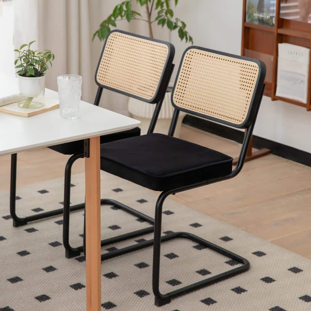 Black Rattan and Velvet Armless Dining Chairs, Set of 2