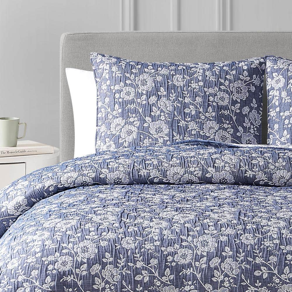 Navy Floral Twin Reversible Cotton Blend Quilt Set