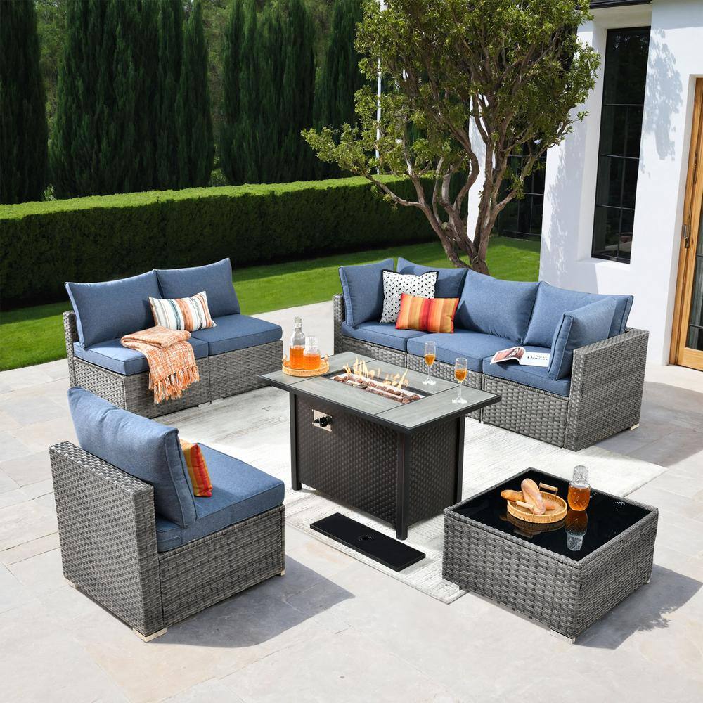XIZZI Gemini 8-Piece Wicker Patio Rectangular Fire Pit Set with