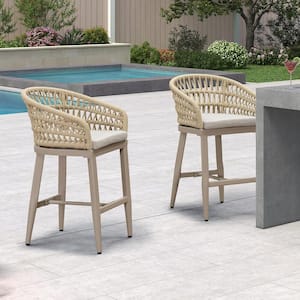 Modern Aluminum Rattan Counter Height Outdoor Bar Stool with Back and Beige Cushion (2-Pack)