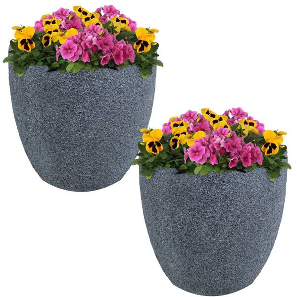 Sunnydaze 12 in. Gray Sandstone Estate Fiber Clay Durable Indoor/Outdoor Use Planter Flower Pot (Set of 2)