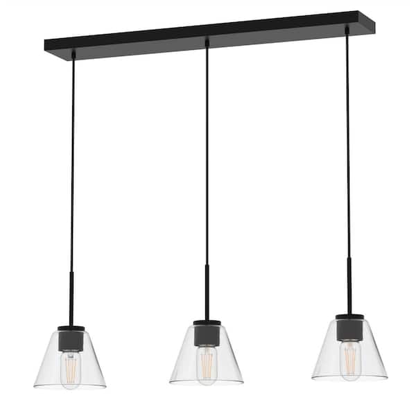 YANSUN 28 in. 3-Light Black Pendant Light with Glass Shade, Farmhouse Ceiling Lamp for Kitchen Island, Dining Room
