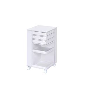 White Wooden 4-Wheeled Storage Cart with 3 Drawers and 2 Open Shelves