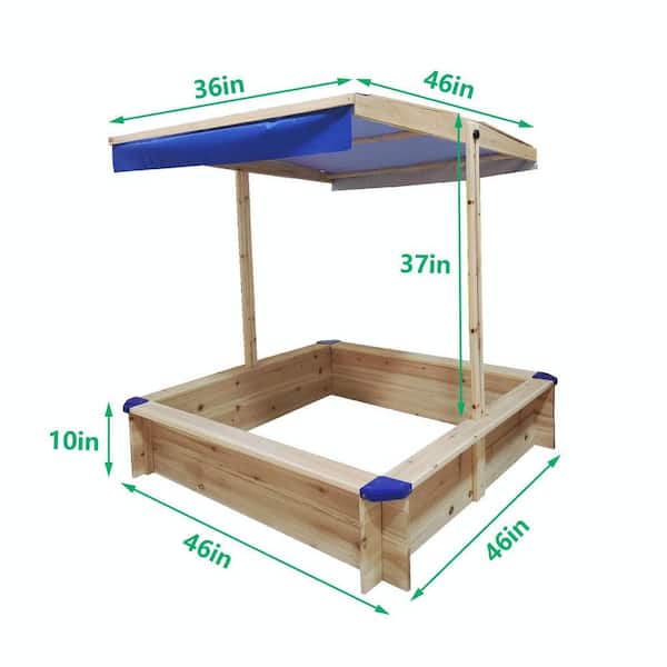 WTVWTV 3.8 ft. W x 3.8 ft. L Solid Firwood Rectangular Sandbox with Retractable Canopy&UV Protection, Golden Red, Outdoor Play