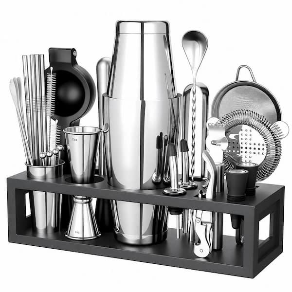Black Bamboo Stand 31-Piece Black Stainless Steel Bartender Kit Cocktail Shaker Set with Recipe Cards