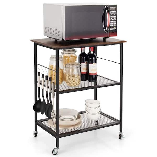 3-Tier Brown Kitchen Cart Utility Standing Microwave Rack with Hooks