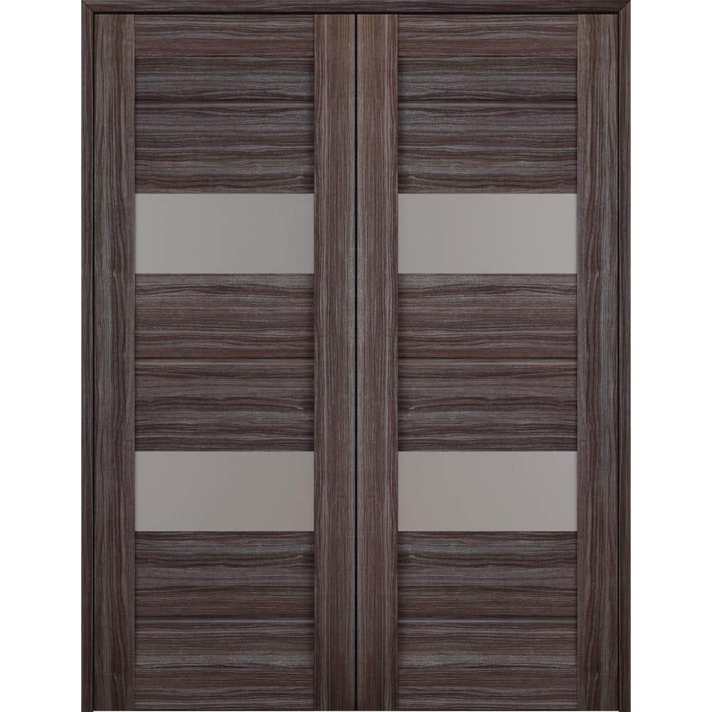 Gray Oak Solid Core Prehung Interior French Doors with Frosted Glass