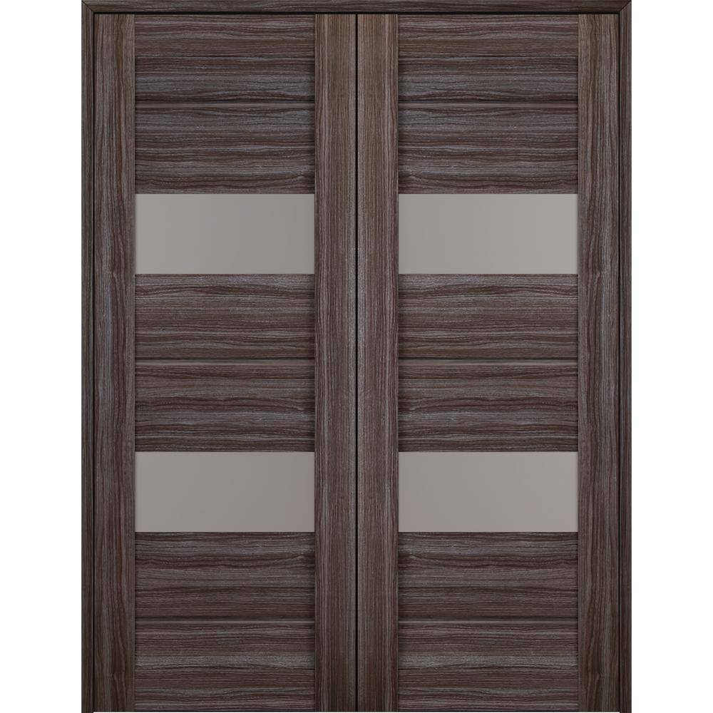 Gray Oak Solid Core Prehung Interior French Door with Frosted Glass