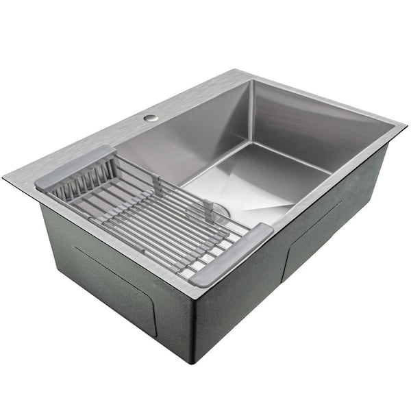 Handmade Drop-in Stainless Steel 33 in. x 22 in. Single Bowl Kitchen Sink with Drying Rack
