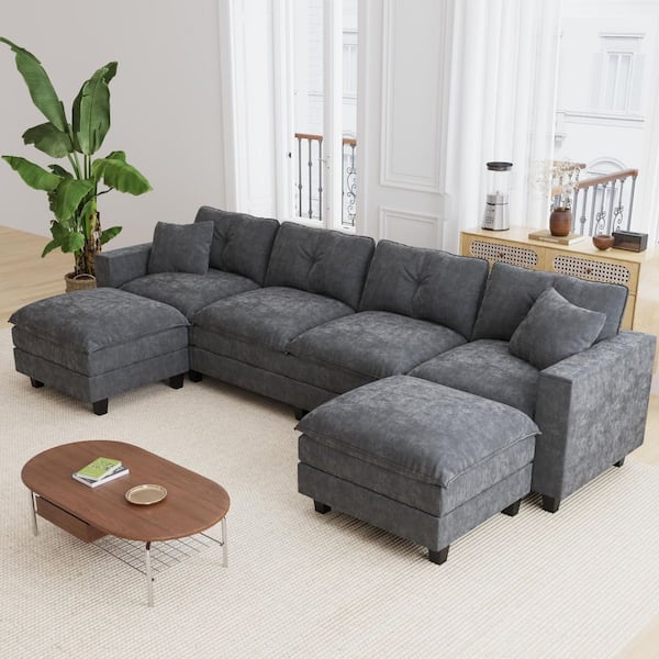 Morris 137 in. Chenille Upholstered Rectangle Sectional Sofa in. Dark Gray with Ottoman, Armrest Storage