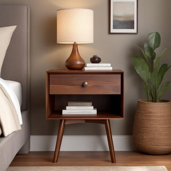 Walker Edison Furniture Company Mid-Century 1-Drawer Walnut Solid Wood Nightstand