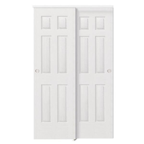 48 in. x 80 in. White 6-Panel MDF Sliding Door Panels with Handle, Hardware Track Kit and Floor Guide, Finished Doors