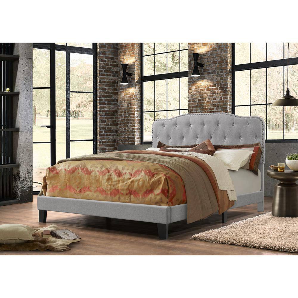 Elegant Queen-Sized Linen Upholstered Bed with Tufted Headboard and Nailhead Trim