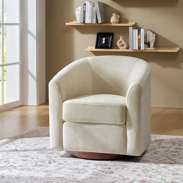 Miriam Beige Modern Swivel Accent Chair with Solid Wooden Base