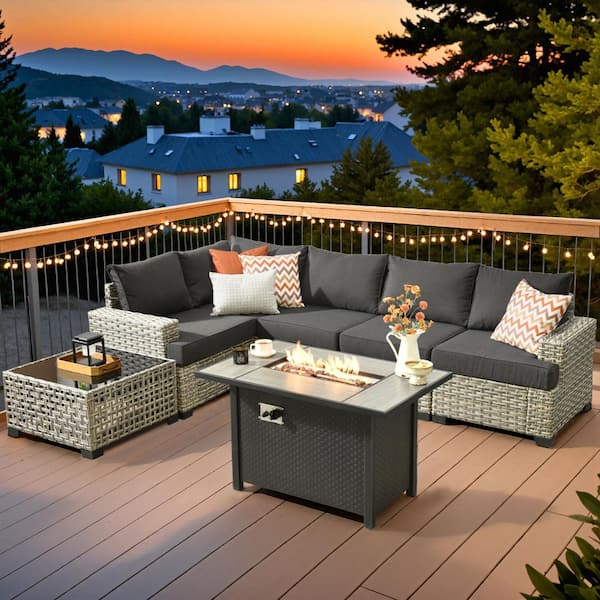 Ligne 7-Pieces Wicker Outdoor Patio Rectangular Fire Pit Sets with Black Cushions