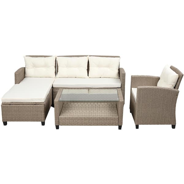 Boosicavelly Wicker Outdoor Sectional Set with Beige Cushions