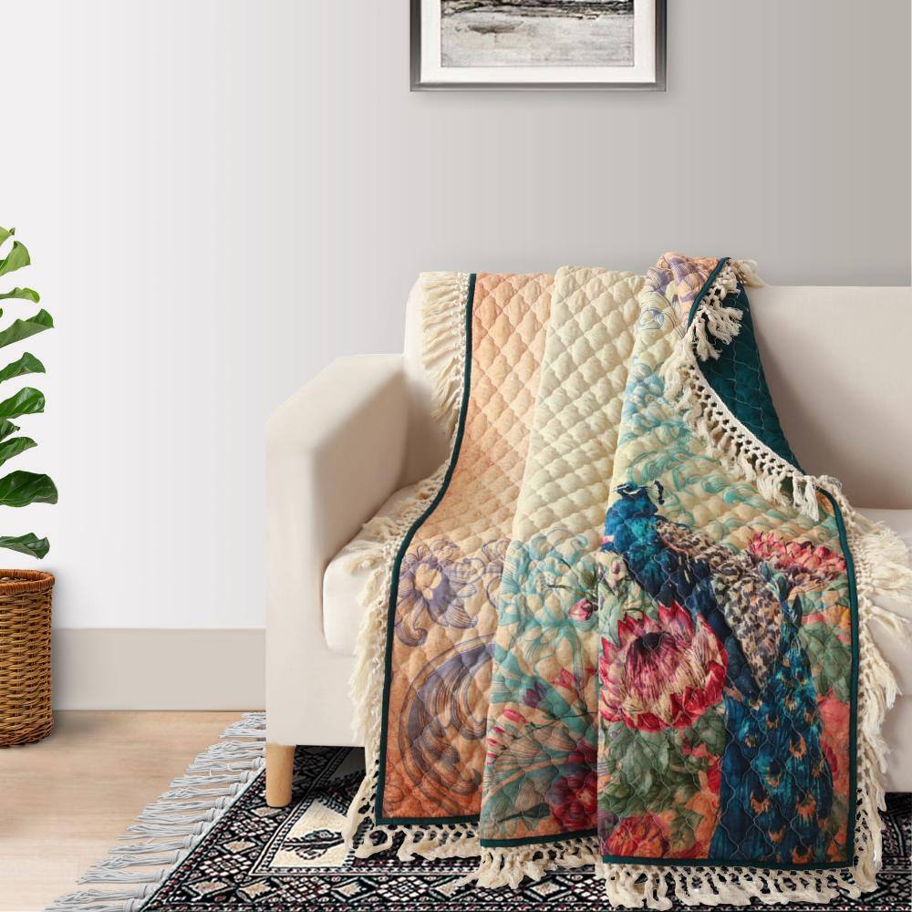 60" Multicolor Microfiber Peacock and Floral Reversible Throw Blanket