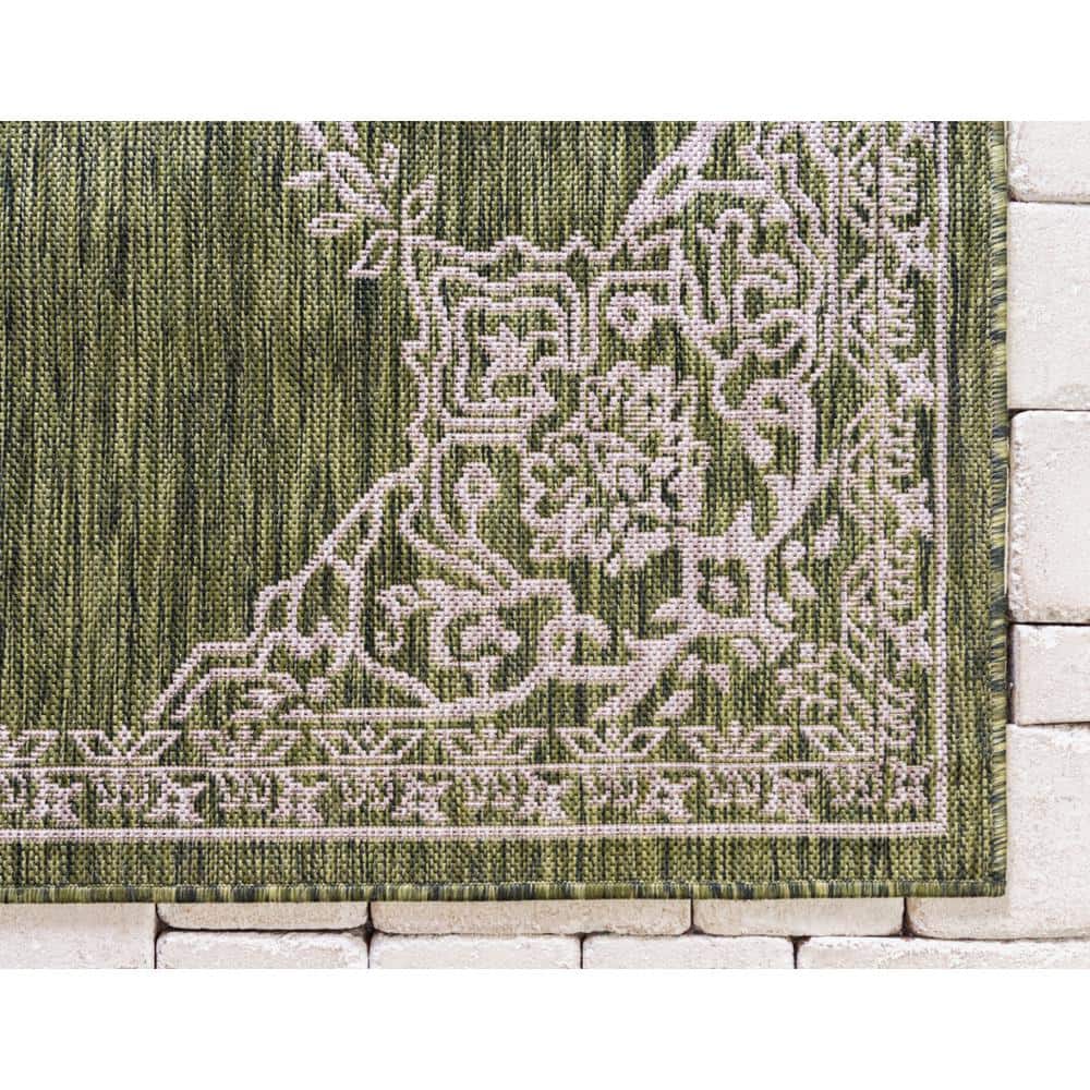 Green and Gray Synthetic Flat Woven Outdoor Runner Rug