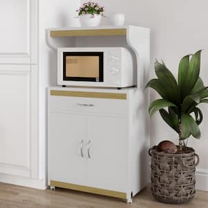 White and Oak Wood Microwave Cart with Storage-Rolling Cabinet with Doors, Drawer and Locking Wheels